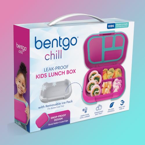 Bentgo Chill Kids 4-Compartment Bento Box Leakproof Lunch Box | Built-In Ice Pack, 3.3 Cup Capacity, BPA-Free, Microwave & Dishwasher Safe Tray, Ideal for Ages 3–7 (Fuchsia/Teal) - color: Fuchsia/Teal
