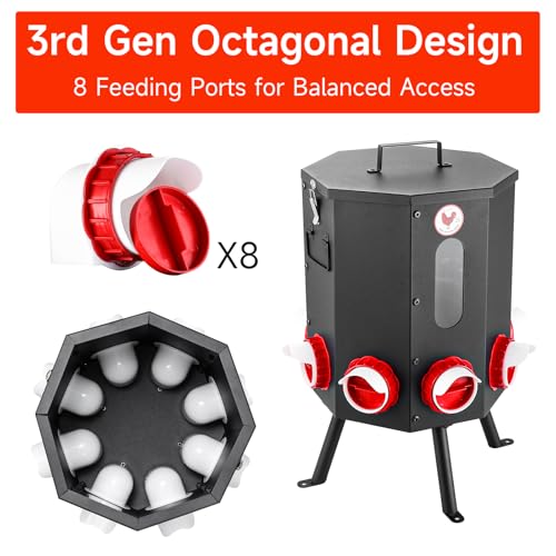 Automatic Chicken Feeder 8 Feeding Ports, 50lbs No-Waste Gravity Poultry Feeder 8 Feeding Ports with Rainproof Lid, Rodent-Proof Large Capacity Metal Chicken Feeder for Hens, Ducks, Birds