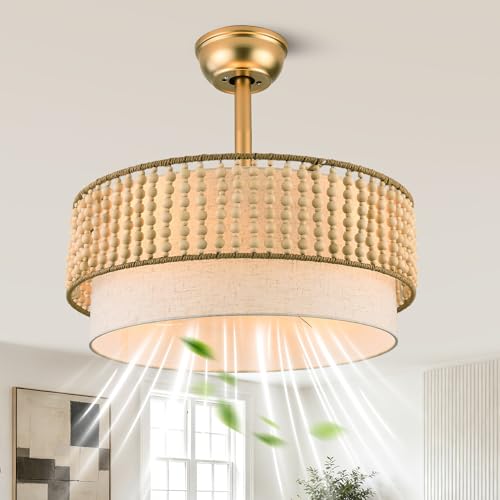 20" Gold Fandelier Ceiling Fan with Lights Boho Caged Ceiling Fan | Small Enclosed Fabric Chandelier for Bedroom Nursery Living Room, Reversible DC Motor 6 Speeds, 4 E26 Bulbs (Not Included) - color: Double Layer