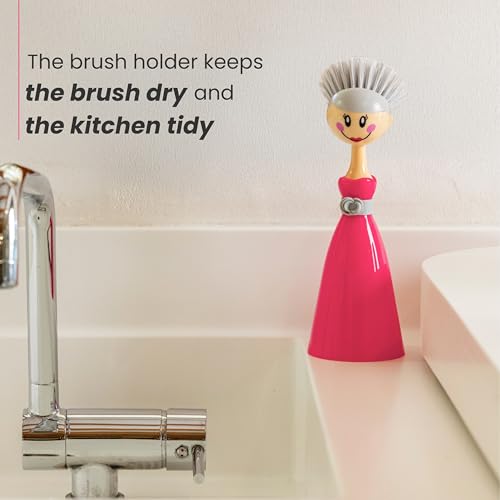 Vigar Dolls Dish Brush with Handle and Holder - Dish Scrubber Brush for Dishes and Pans, Kitchen Scrub Brush, Dishwashing Brush for Kitchen Sink Cleaning, Cute Standing Dish Brush Design - Pink, Gray - color: Pink, Gray