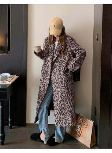 Womens Leopard Long Wool Trench Coat Notched Lapel Double Breasted Pea Coat Winter Warm Overcoat - color: Coffee, size: X-Small