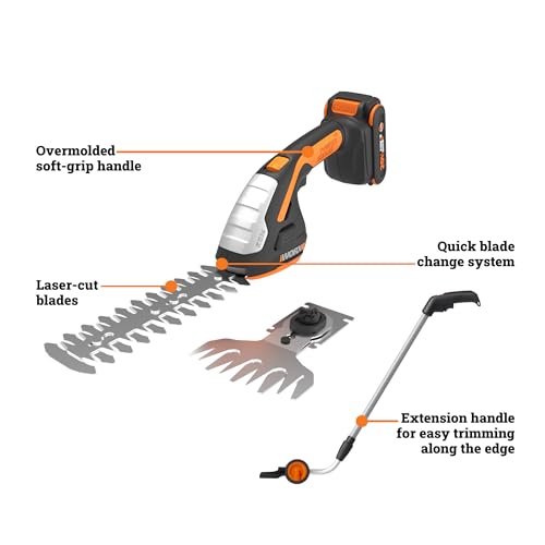 WORX Cordless Grass Shear & Shrub Trimmer, 20V with Extension Pole, WG801.4 | 20V 4" Grass Shear & 8" Shrub Trimmerblades; lightweight 2-lb; extension pole 2.0A battery & chargerincluded; PowerShare. - style: 8" 20V Shrubber Trimmer w/4" Grass Shear/(1)2.