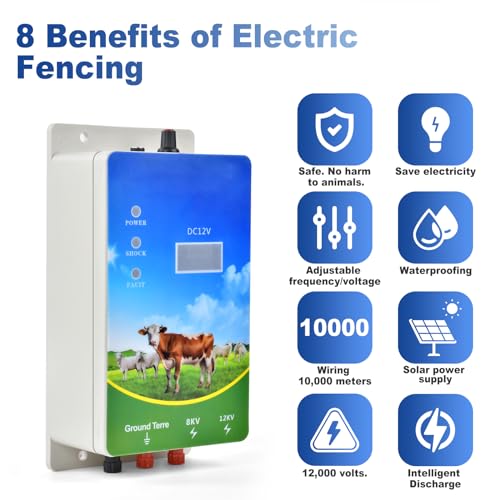 Electric Fence Charger 6 Mile, 8KV-12KV 2J Output, LED Display | High Power, AC DC Multi-Powered Electric Fence，Repels Wildlife for Livestock,Horses,Cattle Sheep,Gardens,Orchards Protection