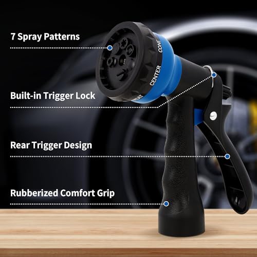 NEXCOVER Garden Hose Nozzle Sprayer - 7 Adjustable Watering Patterns Nozzle for Water Hose, Non-Slip Garden Spray Nozzle for Car Washing, Watering Plants, Pets Showering, Lawns Cleaning, Blue - color: Blue