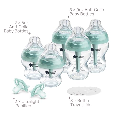 Tommee Tippee Advanced Anti-Colic 10 Piece Bottle and Pacifier Set, 5 and 9 oz BPA Free Bottles, Newborn 0+ months, Slow & Medium-Flow Breast-Like Nipples, 3 Travel Bottle Lids, 2 Ultralight Pacifiers | 5oz & 9oz BPA Free Bottles, Slow & Medium Flow Breas