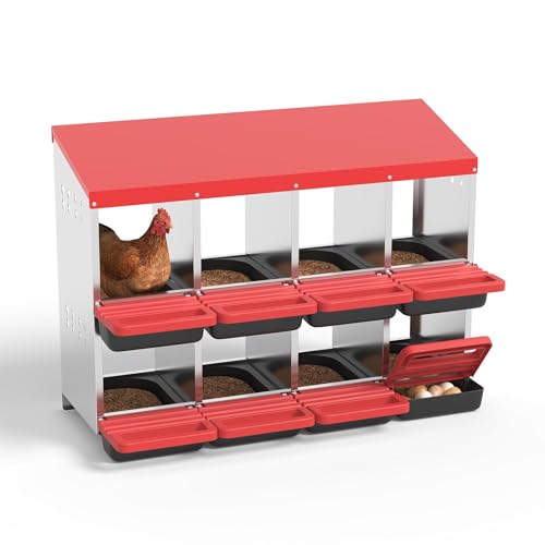 8-Compartment Chicken Nesting Box, Heavy Duty Galvanized Steel Poultry Nest Box, Wall Mount/Freestanding Design for Hens, Ducks, Backyard Homesteads & Farm Use, Red, with Soft Mats, No Stand - color: Red, size: 8 Room&Mat Board