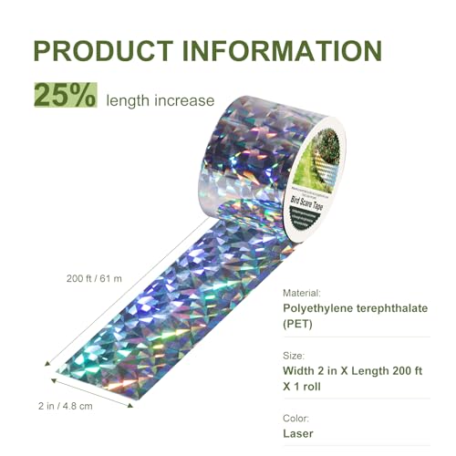OFFO Reflective Tape for Birds, 200 Feet x 2 Inches Dual-Sided Bird Scare Tape Outdoor for Garden, Farm, Orchard or Courtyard - size: 200 ft x 2 in