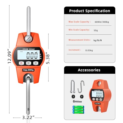 Hanging Scale 660lb/300kg - High-Accuracy Crane Scale with Aluminum Frame and LCD Display. Functions as Fishing Scale and Luggage Scale. for Farm, Hunting, Fitness, and Travel Weighing