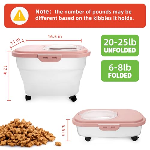 Airtight Pet Food Container, Collapsible Dog Food Storage Container 17-20 lb with Castors, Plastic Dog Food Bin with Pet Food Scoop & Measuring Cup for Dry Food Storage(red) - color: Red