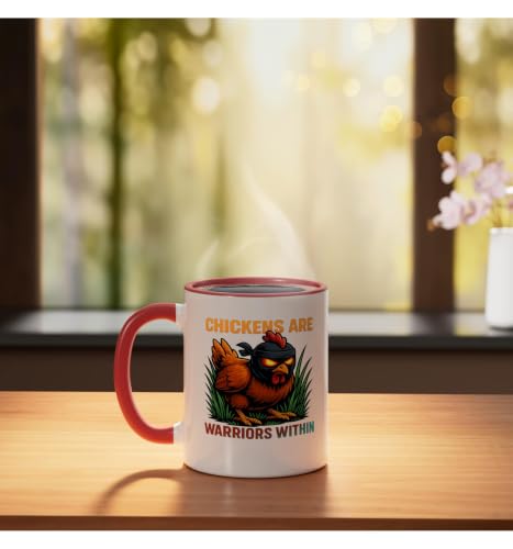 Chickens Are Warriors Within Funny Poultry Ninja Ceramic Mug, Red/White, 11oz - color: Red/White, size: 11 Ounces