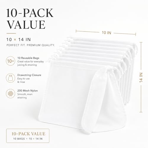 Juicer Bags for Cast Iron Juicer, 10 x 14 in, 200 Mesh, 10 Pack | Reusable Fine Nylon Mesh, For Juice Pressing, Nut Milk, Cold-Press Fruit, Cider, Citrus And Kitchen Straining