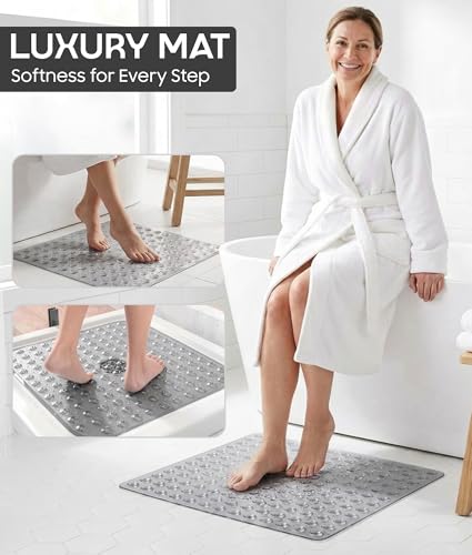 ADOV Square Shower Mat Non Slip, 21 x 21 in Bathtub Mat with 164 Strong Suction Cups, Drain Holes, Machine Washable, Soft Anti-Slip Bathroom Mat for Inside Shower, Tub and Shower Stall - Gray - color: Gray