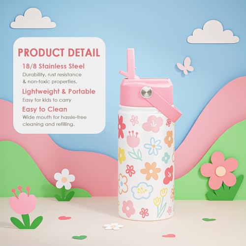 SANDJEST Kids Water Bottle Stainless Steel with Straw Lid, Floral Water Bottle 12oz, Travel Tumbler, Gifts for Girls, Birthday, Christmas, Back To School - color: Floral 1