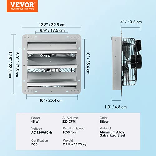 VEVOR 10'' Shutter Exhaust Fan, High-speed 820 CFM, Aluminum Wall Mount Attic Fan with AC-motor, Ventilation and Cooling for Greenhouses, Garages, Sheds, Shops, FCC - size: 10 Inch