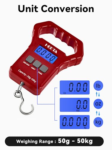 HEETA Fish Scale 110lb/50kg Digital Hanging Fishing Luggage Weight Scale | Portable with Backlit LCD Display, Hook & Non-Slip Large ABS Handle, Fishing Gifts Gear for Men, 2 AAA Batteries Included - color: Red