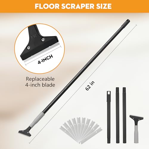 Luvenia Heavy Duty 4-Inch Razor Blade Floor Scraper, 62-Inch Long Handle | 10PCS Extra Metal Blades, Razor Scraper for Cleaning Glass, Floors，Windows, Showers, Tile, Ceilings - size: 62in