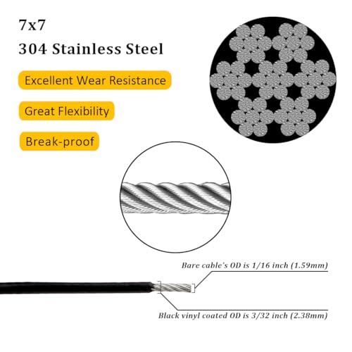Vinyl Coated Wire Rope 304 Stainless Steel Coated Wire Cable-Black, 1/16" OD to 3/32" x 500FT, with 200 Pcs Crimping Sleeves-Cable for String Lights, Suitable for Clotheslines - size: 500FT