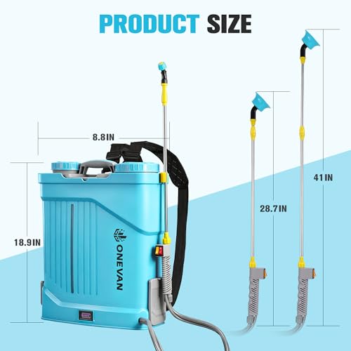 ONEVAN Battery Powered Backpack Sprayer 5.3 Gallon with 2X3.0A Batteries | 0-100 PSI Adjustable Pressure, Up to 41" Extends Telescopic, Sprayer up to 20 Tank, 5 Nozzles, Build-In Mixing System