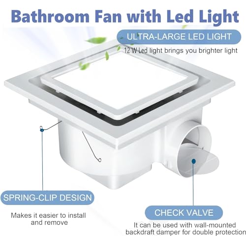 Nalle Ventilation Fans Bathroom Exhaust Fan with Light 9.6 inch Panel 6000K 12W Square LED 112 CFM 1.0 Sones 4 Inch Duct 110V Quiet Ceiling Mount Exhaust Fan for Shower,Bathroom,Office,Home (FFL-200)