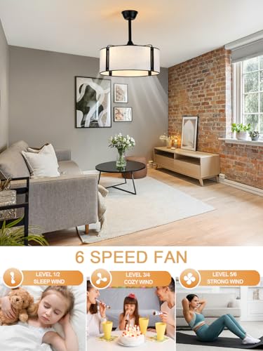 19.2 Inch Boho Fandelier Ceiling Fan with Lights Remote Control | Rustic Caged Ceiling Fan Black Bladesless Chandelier for Bedroom Living Room, Reversible 6 Speeds, 4 E26 Bulbs (Not Included) - color: White Fabric