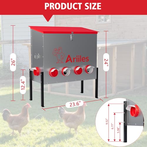 Automatic Chicken Feeder, Metal Poultry Feeder, Chicken Feeders | 100LB Poultry Feeder With Stand & 10 Ports. Includes Bonus Vegetable Net, Feeder Sealant And Anchor Stakes For Chicken. - size: 100 LB