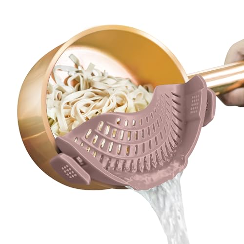 AUOON Pasta Strainer Clip on Silicone, Standard 8.86 x 3.55 in, Almond Rose | BPA-free, Fits All Pots Pans Bowls, Dishwasher Safe, for Meat Noodles Vegetable Fruits, Space-saving Kitchen Gadget - color: Almond Rose, size: Standard 8.86 x 3.55 in