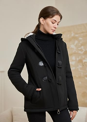 JiangWu Womens Fashion Horn Button Fleece Thicken Coat with Hood Winter Warm Jacket - color: B-thicken-black, size: Small