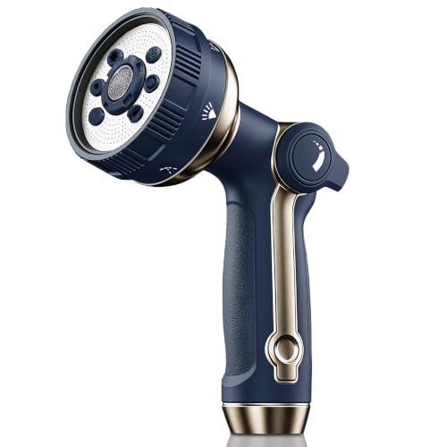 Garden Hose Nozzle Heavy Duty Metal Water Hose Sprayer | Heavy Duty Metal Spray Nozzle With Thumb Control. Japanese-style Design & 8 Spray Patterns For Different Blooming Seasons - color: Navy Blue