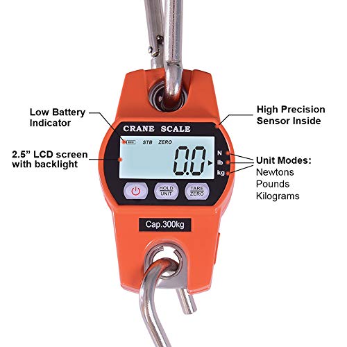 Fuzion Hanging Scale 660LB - Heavy Duty Crane Scale with Aluminum Body | Stainless Steel Hook, Hold/Tare Function, Large Display, Digital Hanging Scales for Weighing Animals, Hays, Fish, Luggage - color: Orange, size: 660LB