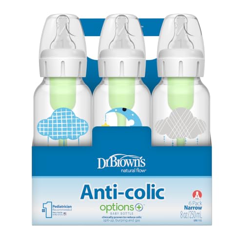 Dr. Brown's Anti-Colic Options+ Narrow Baby Bottles, 8 oz, 4-Pack | Clinically proven to reduce colic, bottles with Level 1 slow flow nipple, Moon and Clouds Gift Set, 0m+, BPA-free - color: Moon & Clouds, size: 6 Count (Pack of 1)