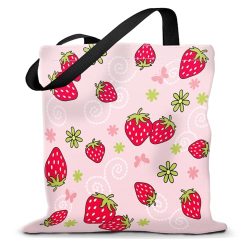 Canvas Tote Bag for Women，Cute Heavy-Duty Shoulder Bag with Zipper Pocket -Travel Tote for Grocery, Gym,Shopping - color: Cute Strawberry