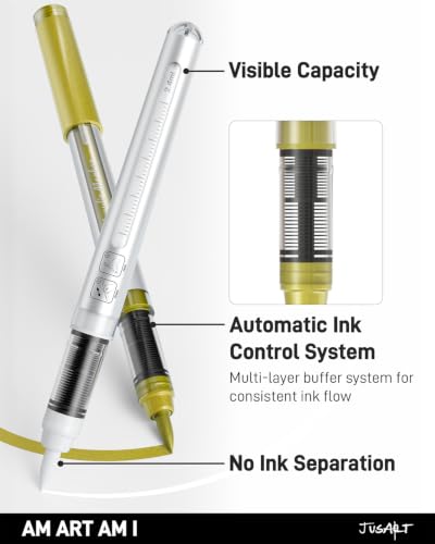 JusArt 3 Gold Acrylic Paint Markers Brush Tip, Automatic Ink Control | Water-Based Metallic Markers, School Classroom Use, Waterproof Acrylic Pens for DIY Art & Crafts -Fabric, Wood, Rock, Plastic - color: Gold