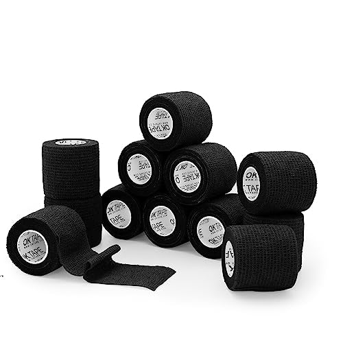 OK TAPE Self Adherent Cohesive Bandages Wrap 12Packs 2" x 5 Yards | Non-Woven Self Adhesive Athletic Sports Wrap Tape Vet Wrap Bandages Tape for Thumb Finger Wrist Ankle (Black) - color: Black, size: 2 In x 5 Yards