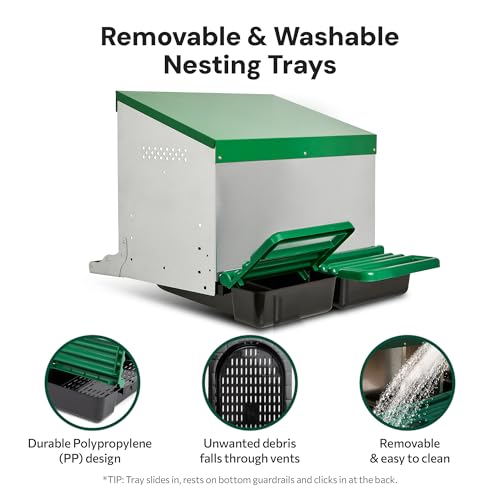2-Compartment Reverse Roll Away Chicken Nesting Box for 10 Hens, Classic | Exterior Egg Collection, Clean & Protected Eggs, Removable & Washable Trays, Weatherproof Galvanized Steel, Well Ventilated