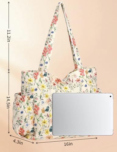 Corduroy Tote Bag for Women, Cute Floral Tote Bag with Zipper, Large Shoulder Handbag with Multi-Pockets for Work Travel Gym - color: Retro Floral