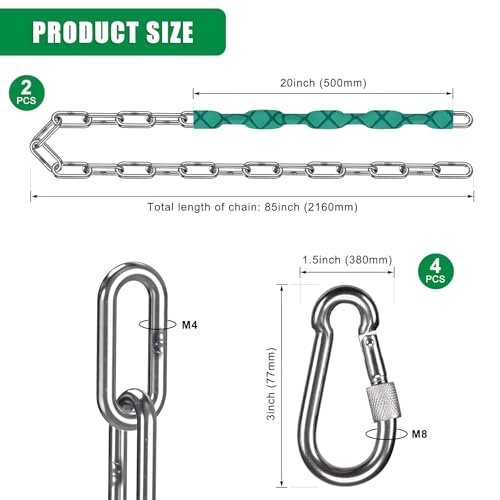 SELEWARE 2 Pcs 85" Heavy Duty Swing Chains Stainless Steel Hanging Chains | 1000LB Capacity Swing Extension Chain with 4 Carabiners, Hanging Kit for Playground Swing, Hammock Chair & Punching Bag - color: Green, size: 85" (2 Pcs)