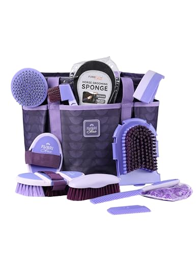 11-Piece Horse Grooming Kit with Waterproof Tote Sugar Taro | 10 coordinated horse grooming tools with comfort-grip designs and a spacious waterproof tote for complete horse grooming - color: Sugar Taro