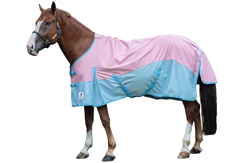Horse Turnout Rain Sheet | 600 Denier Ripstop Turnout Blanket No Fill (0g) | Waterproof Lightweight Breathable | Tear-Resistant Outer & Rub-Free Silky Inner | Pink/Blue - 70 in - color: Pastel Pink/Blue, size: 70