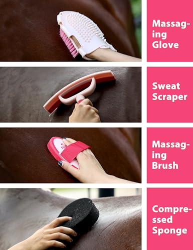 11-Piece Horse Grooming Kit with Waterproof Tote Pink Garnet | 10 coordinated horse grooming tools with comfort-grip designs and a spacious waterproof tote for complete horse grooming - color: Pink Garnet