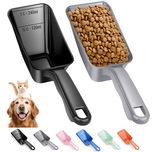 2-Pack Dog Food Scoop 1 Cup, Plastic Pet Food Measuring Scoop With Measuring Lines (1/2 & 1 Cup Markings) for Dogs, Cats, Fish, Bird（Black and Grey) - color: Black and Grey