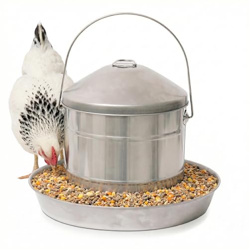 Plexon 17.6 Lb Hanging Chicken Feeder Metal Chicken Feeder with Handle no Waste Food - Stainless Steel - Turkey Duck Poultry Feeder - Heavy Duty Feeding Equipment - Grade Large - size: 17.6 LB