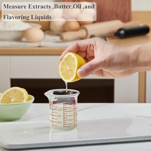 Ackers BORO3.3 2 oz Glass Measuring Cups with V-Shaped Spout, 2 Pack | 5-60 ml range with printed fl oz, tsp, tbsp and cup scales on 3.3 borosilicate glass for kitchen and bar prep - size: 60 ML (2 Oz)-Pack of 2