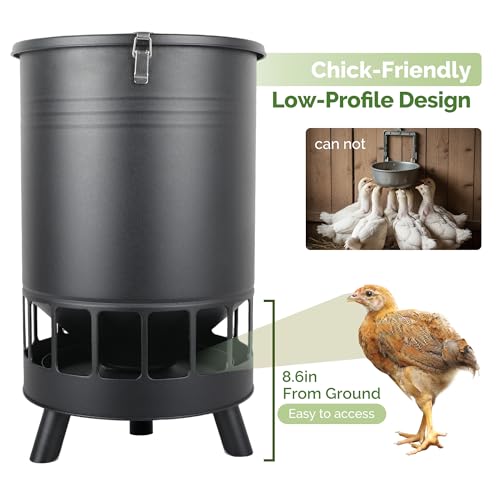 Solution4Patio 50LB No-Waste Chicken Feeder, Large Capacity Gravity Dispenser with Spill Control & 16 Feeding Ports Poultry Feeder for Outdoors & Hen Coop (Black) - color: Black