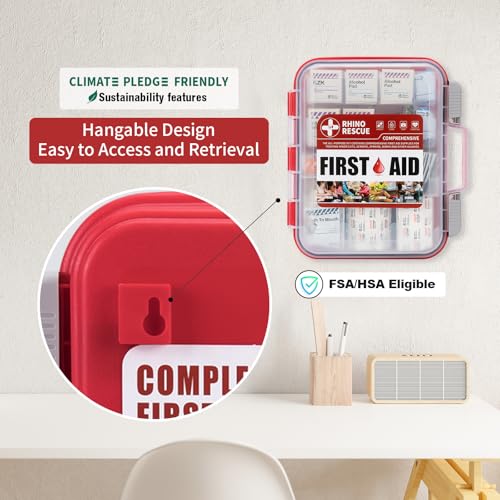 RHINO RESCUE 371pcs OSHA First Aid Kit for Home & Business | OSHA Compliant, Wall-Mount, All-Purpose 100-Person, Dual-Layer Hard Case, HSA/FSA Approved - size: 350 Piece