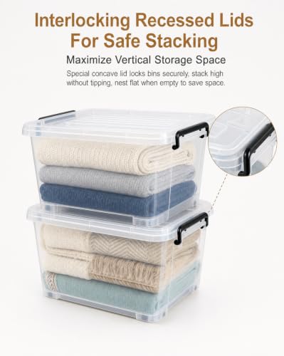 NUMIFUN 15QT Storage Bins with lids, Stackable Space Saver for Family | 4-pack BPA-free plastic boxes with secure latches. Deep recessed lids ensure safe stacking for closet & garage storage. - color: 15QT Clear Black