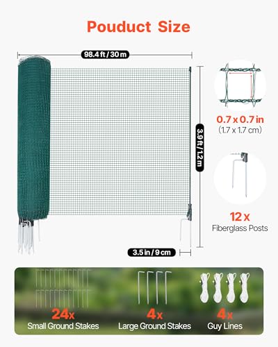 VEVOR Temporary Fence with Posts, 3.9 x 98.4 FT Plastic Mesh Fencing, Garden Safety Fences Netting with Double-Spike Stakes & Guy Ropes, Temporary Fence for Dogs, Chickens, Plants, Outdoor Yards - size: 48in*98ft