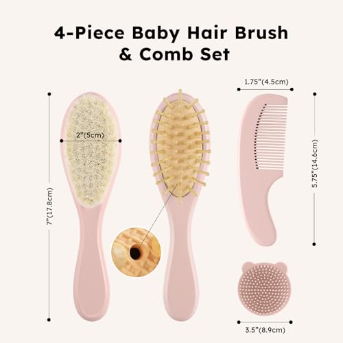 Yoofoss 4 Piece Baby Hair Brush and Comb Set，Wooden Baby Hair Brush with Natural Ultra Soft Goat Hair, Baby Comb Set for Boy, Girl - Pink - color: Pink