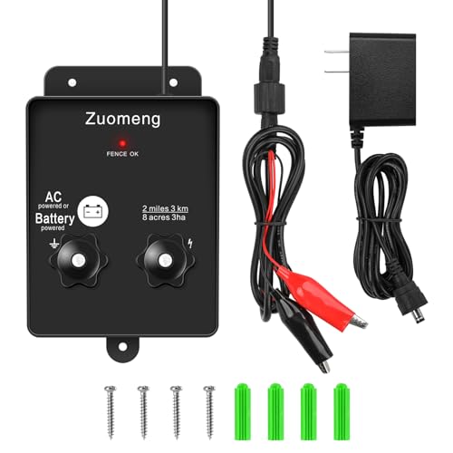Electric Fence Energizer, Zuomeng 2-Mile 8 Acres Electric Fence Charger Powered by Battery or Power Adapter, 0.1 Joules, for Livestock, Pets, Garden & Wildlife Control