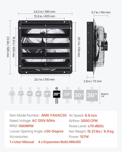 VEVOR 20'' Exhaust Fan, Wall Mounted Attic Fan with Variable Speed controller, 3000 CFM, Automatic Shutter, Ventilation and Cooling, Black - size: 20 Inch Fan w/ Speed Controller