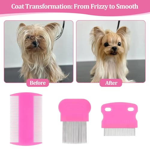 6 Pack Pet Grooming Combs, Stainless Steel Dog and Cat Grooming Combs with Rounded Teeth, Double-Sided Professional Pet Tear Stain Remover for Small, Medium, and Large Pets (Pink) - style: Pink